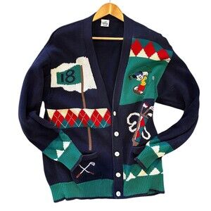 Disney Mickey VTG Green/Blue Mens Golf Cardigan Sweater XL? SEE MEASUREMENTS
